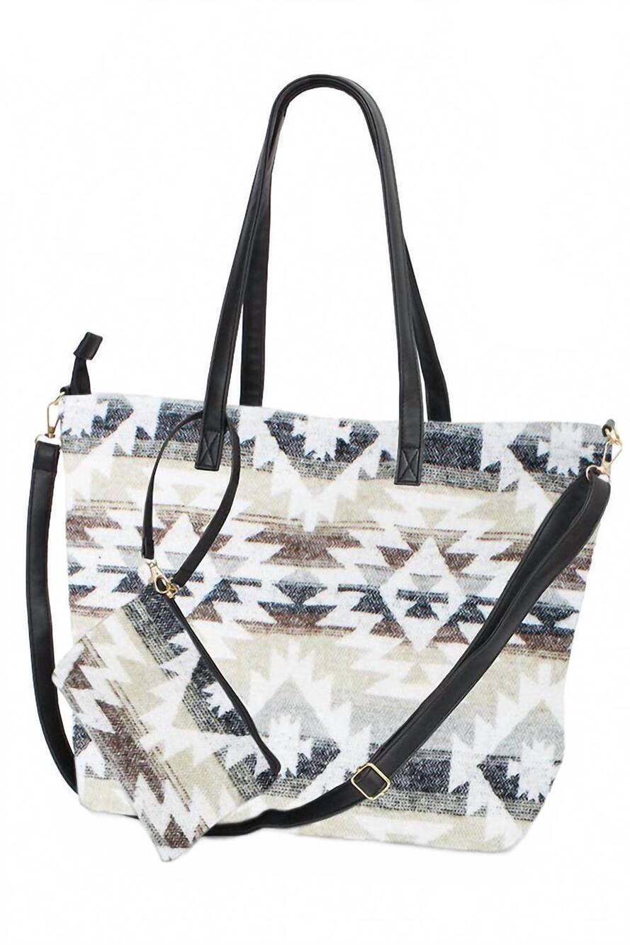NEW HANA women's western weekend aztec pattern tote bag with pouch in white